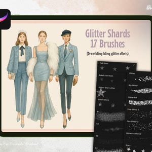 K&ouml;nnte beinhalten: Digitale Pinsel f&uuml;r Procreate mit einer Modeillustration von drei Figuren in blauen Outfits. Das Bild zeigt den Text "Glitter Shards 17 Brushes" und Beispiele f&uuml;r Glitzereffekte, wie "Foil Stars" und "Glitter Stars Jitter".