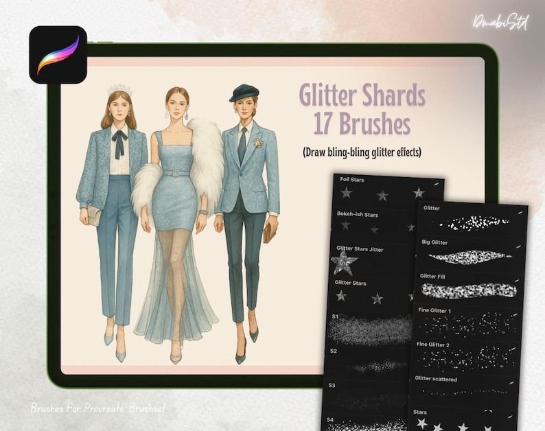 K&ouml;nnte beinhalten: Digitale Pinsel f&uuml;r Procreate mit einer Modeillustration von drei Figuren in blauen Outfits. Das Bild zeigt den Text "Glitter Shards 17 Brushes" und Beispiele f&uuml;r Glitzereffekte, wie "Foil Stars" und "Glitter Stars Jitter".