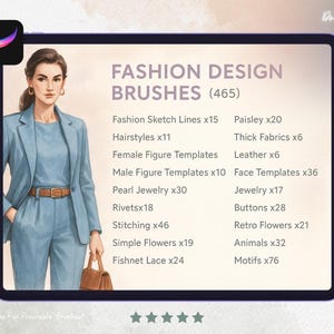 K&ouml;nnte beinhalten: Digitales Kunstwerk eines Tablets mit "FASHION DESIGN BRUSHES (465)" und einer Frau in einem blauen Anzug. Der Bildschirm listet Pinselkategorien wie "Fashion Sketch Lines", "Hairstyles" und "Motifs" auf. Oben links befindet sich ein Procreate App-Symbol.