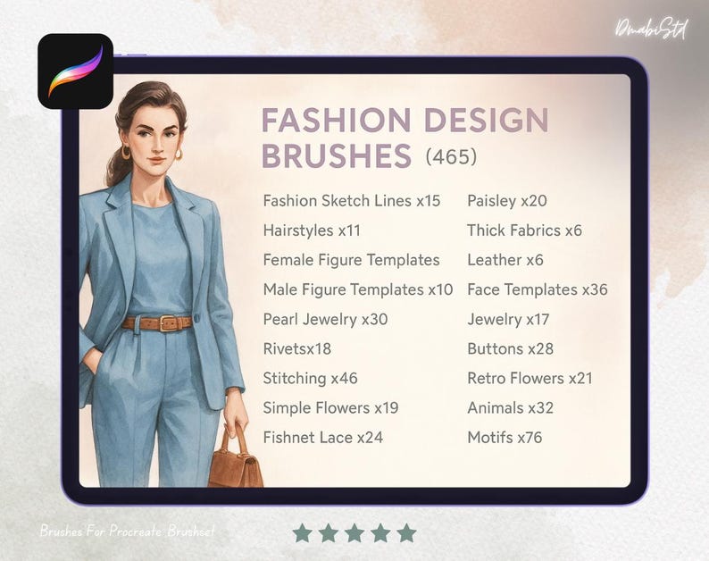 K&ouml;nnte beinhalten: Digitales Kunstwerk eines Tablets mit "FASHION DESIGN BRUSHES (465)" und einer Frau in einem blauen Anzug. Der Bildschirm listet Pinselkategorien wie "Fashion Sketch Lines", "Hairstyles" und "Motifs" auf. Oben links befindet sich ein Procreate App-Symbol.