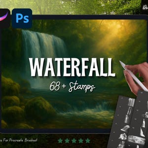 May include: Digital art brushes for Procreate and Photoshop. The image shows a tablet displaying a waterfall scene with the text "WATERFALL 68+ Stamps". A hand holds a stylus, and a set of stamp previews is visible. The Procreate and Photoshop logos are in the upper left.
