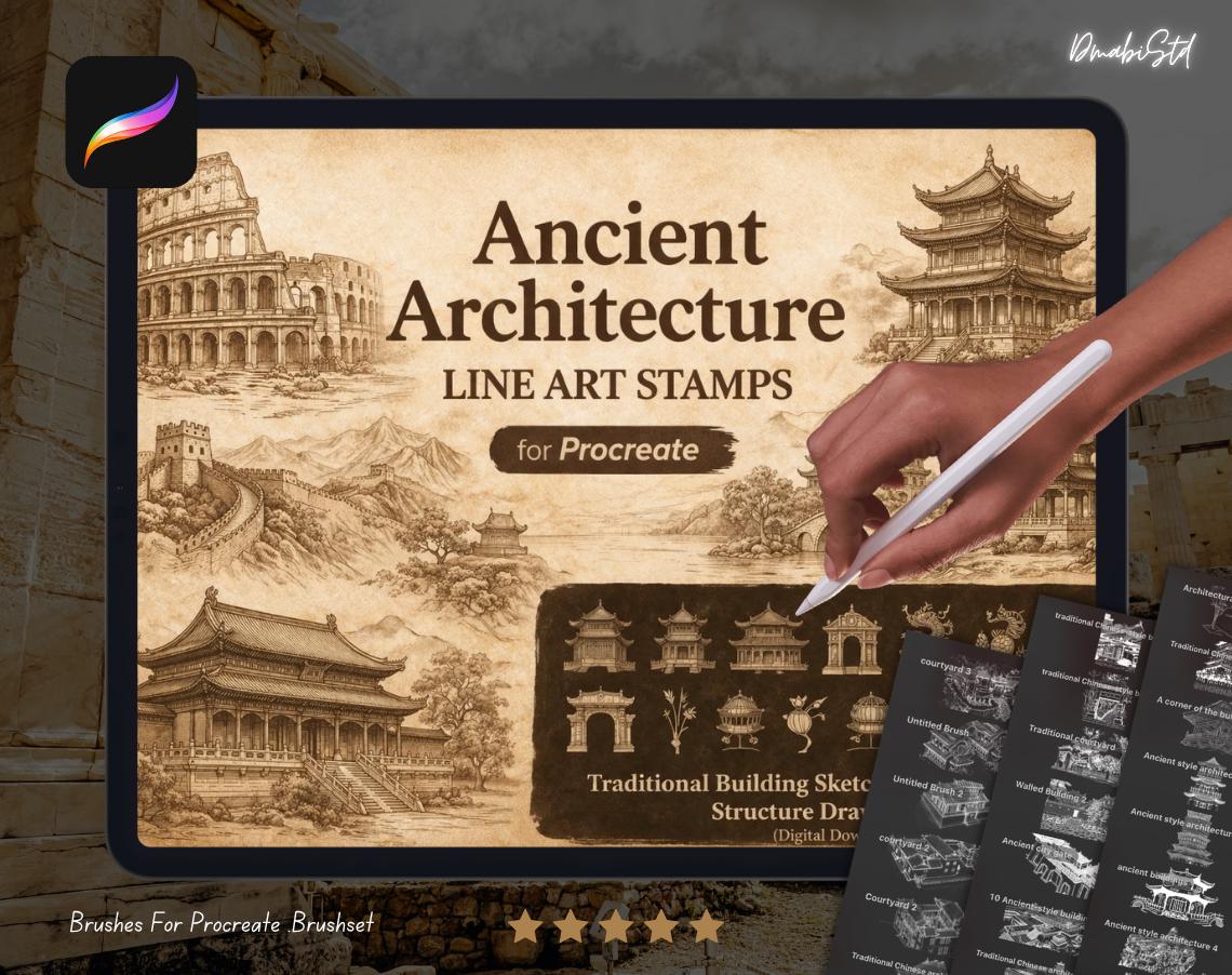 Ancient Architecture Line Art Stamps for Procreate | Traditional ...