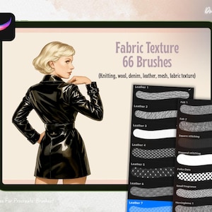 K&ouml;nnte beinhalten: Digitales Kunstwerk mit einer Frau in einer schwarzen Lederjacke, das f&uuml;r "Fabric Texture 66 Brushes" f&uuml;r Procreate wirbt. Das Bild zeigt verschiedene Stofftexturen wie Leder und Denim, mit Beispielen f&uuml;r jeden Pinsel.