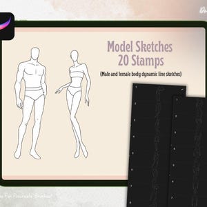 K&ouml;nnte beinhalten: Digitales Kunstprodukt mit einem Tablet, das Modellskizzen zeigt. Das Tablet zeigt m&auml;nnliche und weibliche K&ouml;rperumrisse mit dem Text "Model Sketches 20 Stamps" und "(Male and female body dynamic line sketches)". Zus&auml;tzliche schwarze Karten mit K&ouml;rperskizzen sind ebenfalls sichtbar.