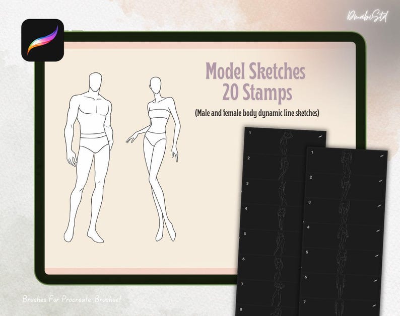 K&ouml;nnte beinhalten: Digitales Kunstprodukt mit einem Tablet, das Modellskizzen zeigt. Das Tablet zeigt m&auml;nnliche und weibliche K&ouml;rperumrisse mit dem Text "Model Sketches 20 Stamps" und "(Male and female body dynamic line sketches)". Zus&auml;tzliche schwarze Karten mit K&ouml;rperskizzen sind ebenfalls sichtbar.
