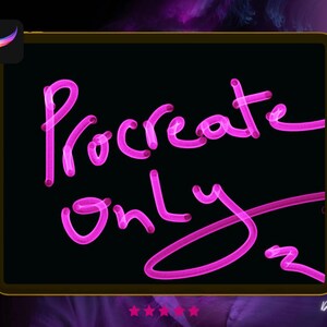 Op de afbeelding: Een zwart digitaal tekentablet met een roze neon-bord met de tekst "Procreate Only" op het scherm.