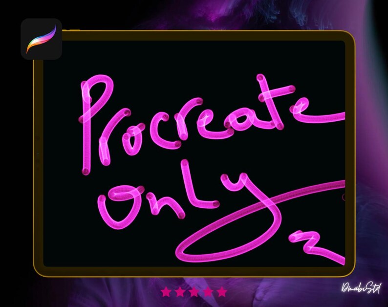 Op de afbeelding: Een zwart digitaal tekentablet met een roze neon-bord met de tekst "Procreate Only" op het scherm.