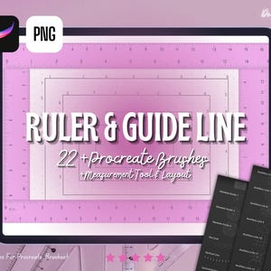 Può includere: Un design di arte digitale su un tablet, con un layout rosa di righello e linea guida. Il testo recita "RULER & GUIDE LINE" e "22+ Procreate Brushes + Measurement Tool & Layout". Include un'icona dell'app Procreate e un logo PNG.