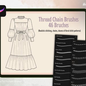 K&ouml;nnte beinhalten: Digitale Pinsel f&uuml;r Procreate mit Fadeneffekt-Designs. Das Bild zeigt eine Kleiderillustration und Beispiele f&uuml;r Stichmuster, darunter Satin-, Wellen- und Kreuzstiche. Der Text lautet "Thread Chain Brushes 46 Bruches" und "Realistic stitching, chains".