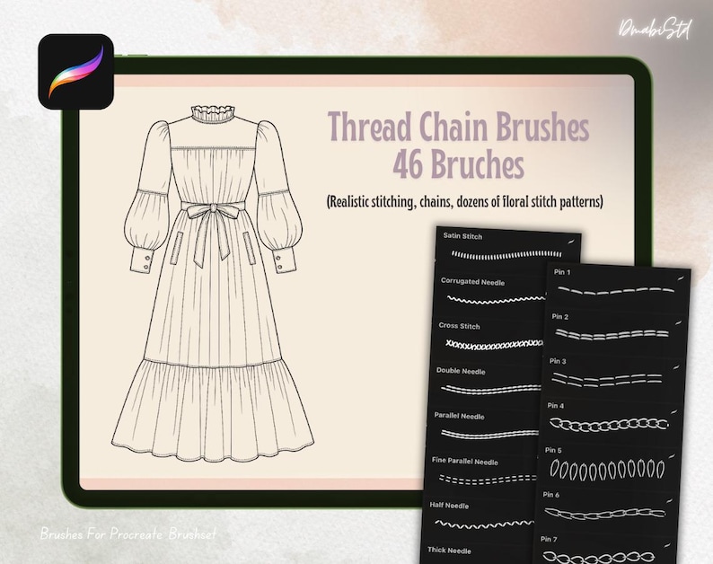 K&ouml;nnte beinhalten: Digitale Pinsel f&uuml;r Procreate mit Fadeneffekt-Designs. Das Bild zeigt eine Kleiderillustration und Beispiele f&uuml;r Stichmuster, darunter Satin-, Wellen- und Kreuzstiche. Der Text lautet "Thread Chain Brushes 46 Bruches" und "Realistic stitching, chains".