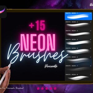 May include: A digital tablet screen displaying a set of 15 neon brushes for Procreate. The brushes are white and have a glowing effect. The text on the screen reads "+15 NEON Brushes Procreate".