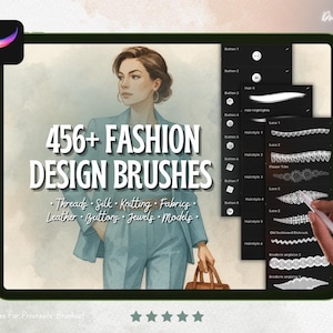 Puede incluir: Una tableta digital muestra una interfaz de Procreate con pinceles de diseño de moda. La pantalla muestra a una mujer con un traje azul, el texto "456+ FASHION DESIGN BRUSHES" y categorías de pinceles como hilos, seda y cuero.