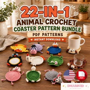 Op de afbeelding: Een 22-in-1 set met haakpatronen voor dierenonderzetters, met diverse kleurrijke, ronde, handgemaakte ontwerpen zoals een eend, kikker, schildpad en pinguïn. De digitale PDF-collectie bevat tekstoverlays en een icoon voor directe download.
