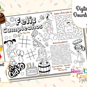 El Chavo Feliz Cumpleaños Actividad para colorear Placemat/ El Chavo del Ocho/ Decoración de fiesta/ Carta y tabloide Sz Party Favors/ PNG digital hispano