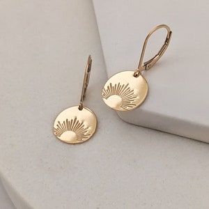 Gold Filled Sun Earrings - Boho Sunburst Disc Jewelry - Dainty Gold Minimalist Gift for Her – Celestial Jewelry Lever Backs