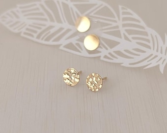 Gold Filled Dot Stud Earrings – 6mm Minimalist Gold Post Earrings for Sensitive Ears - Hammered or Smooth