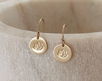 Dainty Lotus Earrings, Tiny Lotus Flower Yoga Jewelry, Lightweight 14k Gold Fill or Sterling Silver Hand-Stamped Minimalist Earrings
