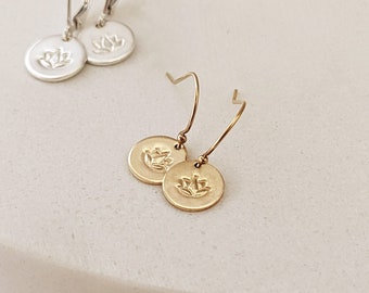 Dainty Lotus Earrings, Tiny Lotus Flower Yoga Jewelry, Lightweight 14k Gold Fill or Sterling Silver Hand-Stamped Minimalist Earrings