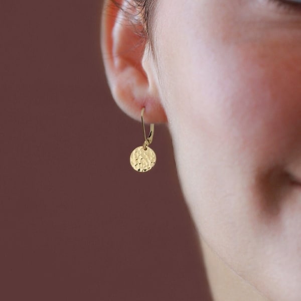 Tiny Gold Leverback Earrings, Small Lever Back Earrings, Yellow, Rose Gold Filled, Smooth or Hammered Disc Earrings