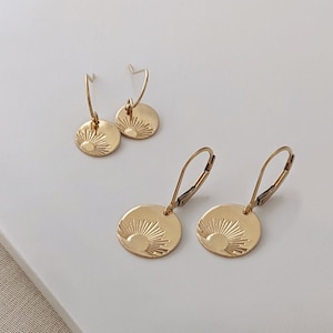 Tiny Gold Sun Earrings, Dainty Sunburst Earrings, Sunshine Minimalist Gold Disc Earrings, Lightweight Hand-stamped Jewelry, 14k Gold Fill image 2