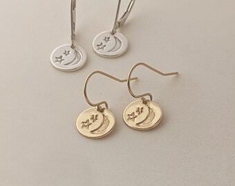 Tiny Moon Earrings with Mini Stars, Crescent Moon Earrings, Dainty Minimalist Earrings, Lightweight 14k Gold Filled/Sterling Silver