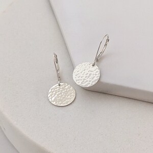 Hammered Leverback Earrings, Small Disc Earrings Lever Backs, .5 Sterling Silver Dangle Earrings, Shiny Finishes too image 1