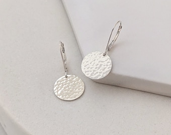 Hammered Leverback Earrings, Small Disc Earrings Lever Backs, .5" Sterling Silver Dangle Earrings, Shiny Finishes too!