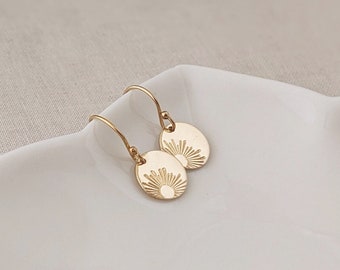 Tiny Gold Sun Earrings, Dainty Sunburst Earrings, Sunshine Minimalist Gold Disc Earrings, Lightweight Hand-stamped Jewelry, 14k Gold Fill