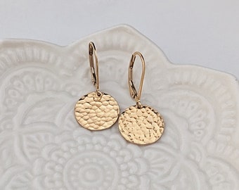 Hammered Leverback Earrings in 14k Gold Filled, Small Gold Disc Earrings Lever Backs, .5" Dangle Earrings, Shiny Finishes too!