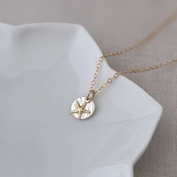 Tiny Starfish Necklace, Beach Jewelry, Tiny Gold Starfish Necklace, Dainty Starfish Gold Filled, Sterling Silver Hammered Mixed Metal