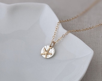 Tiny Starfish Necklace, Beach Jewelry, Tiny Gold Starfish Necklace, Dainty Starfish Gold Filled, Sterling Silver Hammered Mixed Metal