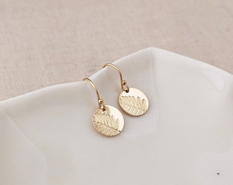 Dainty Gold Leaf Earrings, Botanical Minimalist Earrings, Tiny Hand-stamped Nature Jewelry in 14k Gold Filled