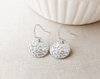 Hammered Silver Disc Earrings or Smooth Minimalist Earrings Dangle, Sterling Silver Lever Backs / French Hooks