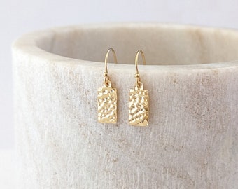 Tiny Gold Filled Earrings, Dainty Hammered Geometric Minimalist Earrings, 14k Gold Filled Dangle Drop Earrings