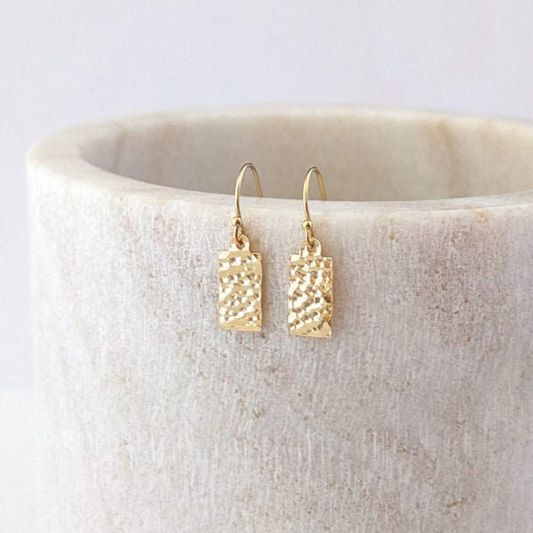 Tiny Gold Filled Earrings, Dainty Hammered Geometric Minimalist Earrings, 14k Gold Filled Dangle Drop Earrings