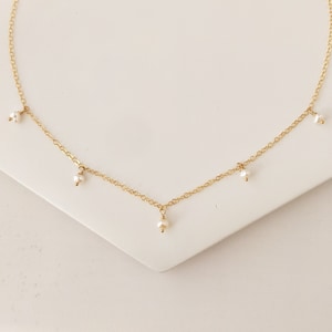 Dainty Pearl Necklace, Tiny Pearl Drop Necklace, Freshwater Pearl Charms in Gold Filled or Sterling Silver in Choker & Longer lengths