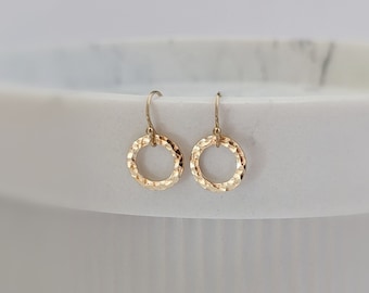 Dainty Minimalist Earrings, Tiny Circles Earrings, Gold Tiny Hammered Earrings, Gold Filled Hoop Earrings