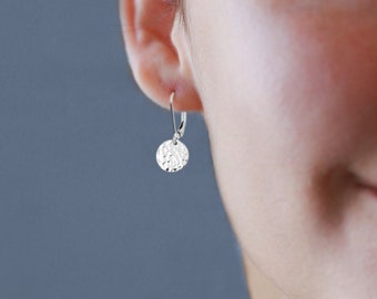 Silver Hammered Lever Back Earrings, Tiny Sterling Leverback Earrings, Dainty Disc Earrings with Smooth Finishes Also Available
