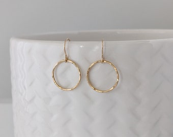 Hammered Gold Earrings, 14k Gold Filled Hammered Circle Earrings, Minimalist French Hook & Lever Backs Available