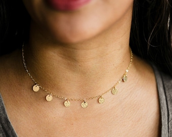 Hammered Mini Discs Necklace in 14k Gold Filled - Dainty Multi Charm Choker Necklace + Longer lengths for Layering
