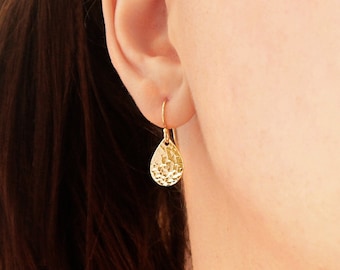 Gold Teardrop Earrings, Small Pear Shaped Hammered Drop Earrings, Sterling Silver or 14k Gold Filled, Viva Revival Jewelry