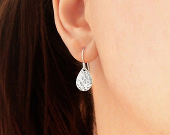 Silver Teardrop Earrings, Small Pear Shaped Hammered Earrings in Sterling Silver, Classic Everyday Earrings