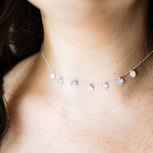 Hammered Coin Necklace, Dainty Multi Disc Choker Necklace, Sterling Silver Tiny Dot Charms, Gift for Women