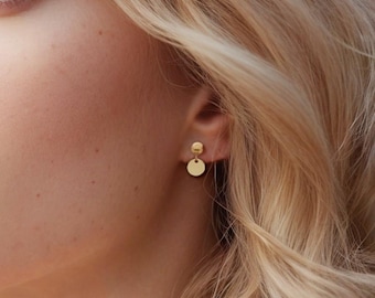 Dainty Gold Filled or Sterling Silver Stud Earrings - Dangly Ball Earrings with Mini Disc Charm - 14k Gold Drop Earrings - Gift for Her