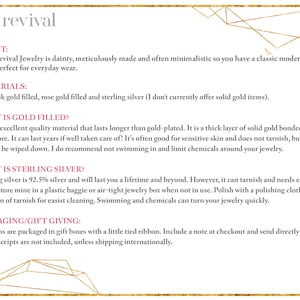 May include: Image features text for Viva Revival Jewelry, detailing materials like 14k gold filled and sterling silver. It explains gold-filled properties, care, and packaging details. The text is set against a cream background with gold geometric accents.