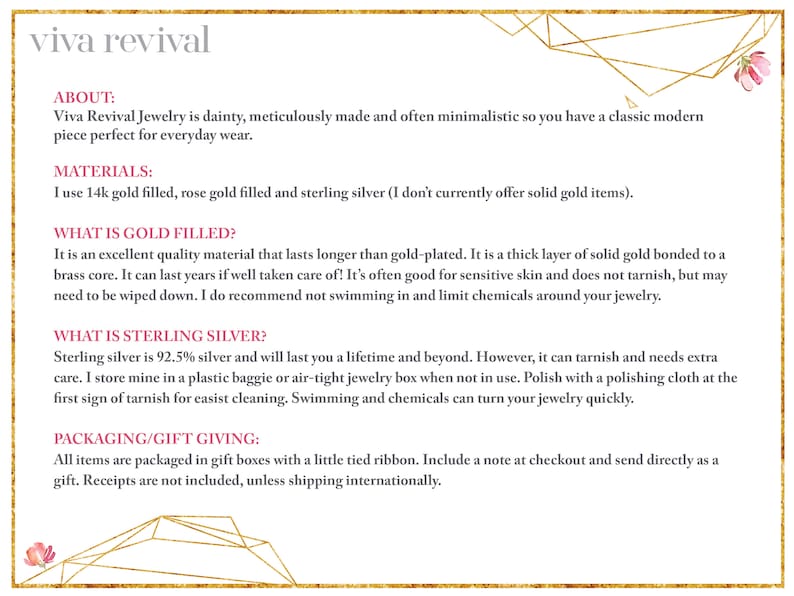 May include: Image features text for Viva Revival Jewelry, detailing materials like 14k gold filled and sterling silver. It explains gold-filled properties, care, and packaging details. The text is set against a cream background with gold geometric accents.