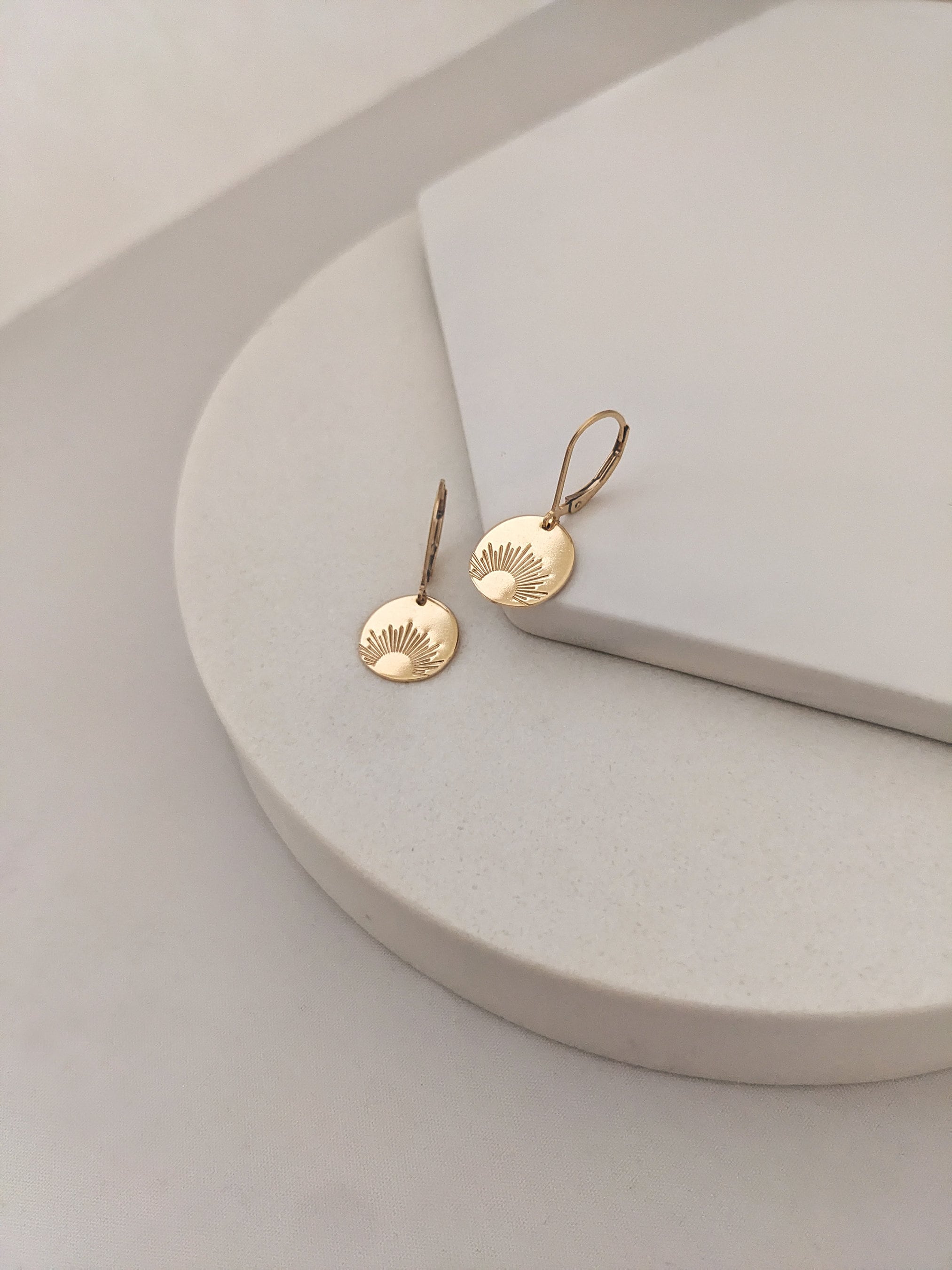 Gold Filled Sun Earrings - Boho Sunburst Disc Jewelry - Dainty Gold Minimalist Gift for Her – Celestial Jewelry Lever Backs