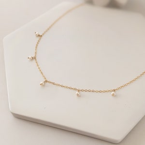 Dainty Pearl Necklace, Tiny Pearl Drop Necklace, Freshwater Pearl Charms in Gold Filled or Sterling Silver in Choker & Longer lengths image 3