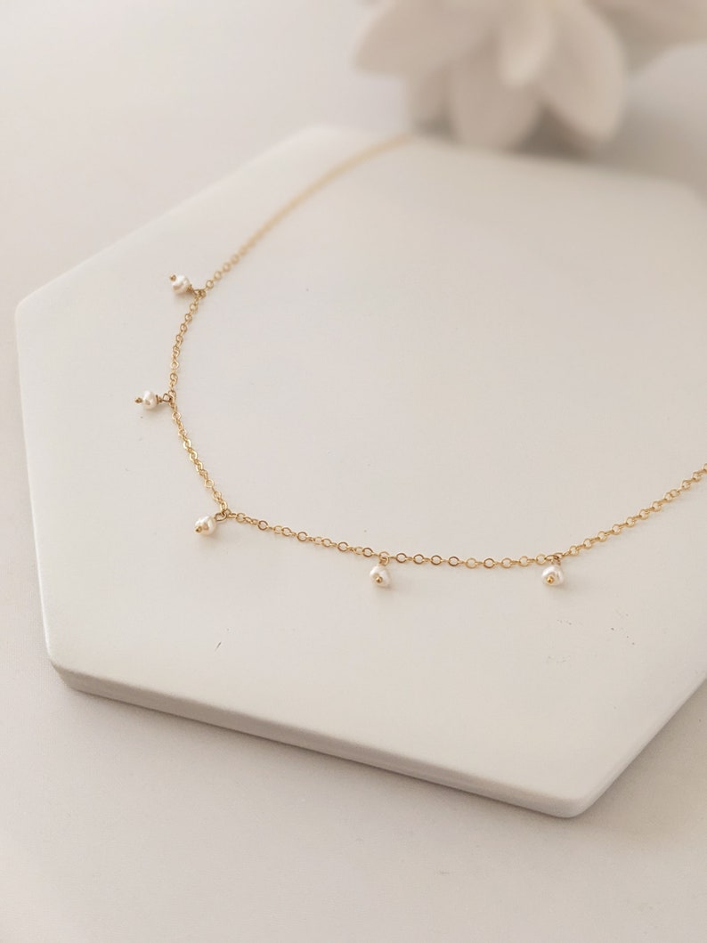 Dainty Pearl Necklace, Tiny Pearl Drop Necklace, Freshwater Pearl Charms in Gold Filled or Sterling Silver in Choker & Longer lengths image 3