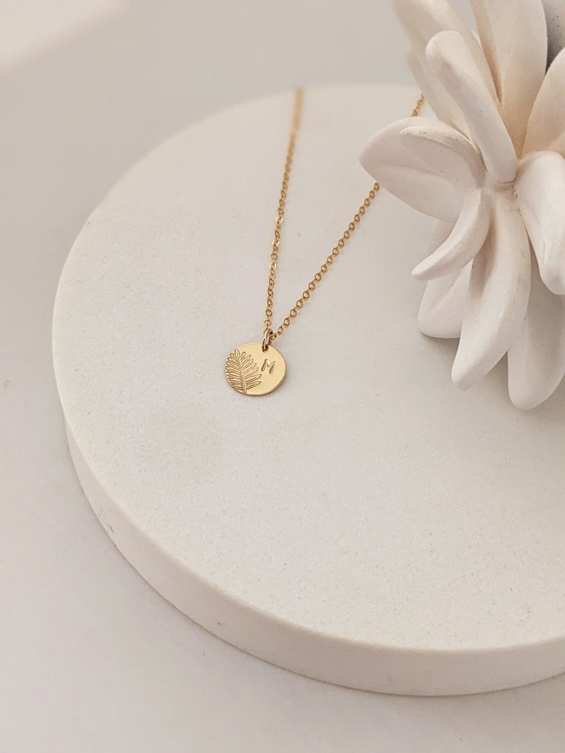 Personalized Leaf Necklace Gold Filled, Botanical Necklace with Initial, Choose 1, 2, 3 Discs, Mothers Gift Idea image 2